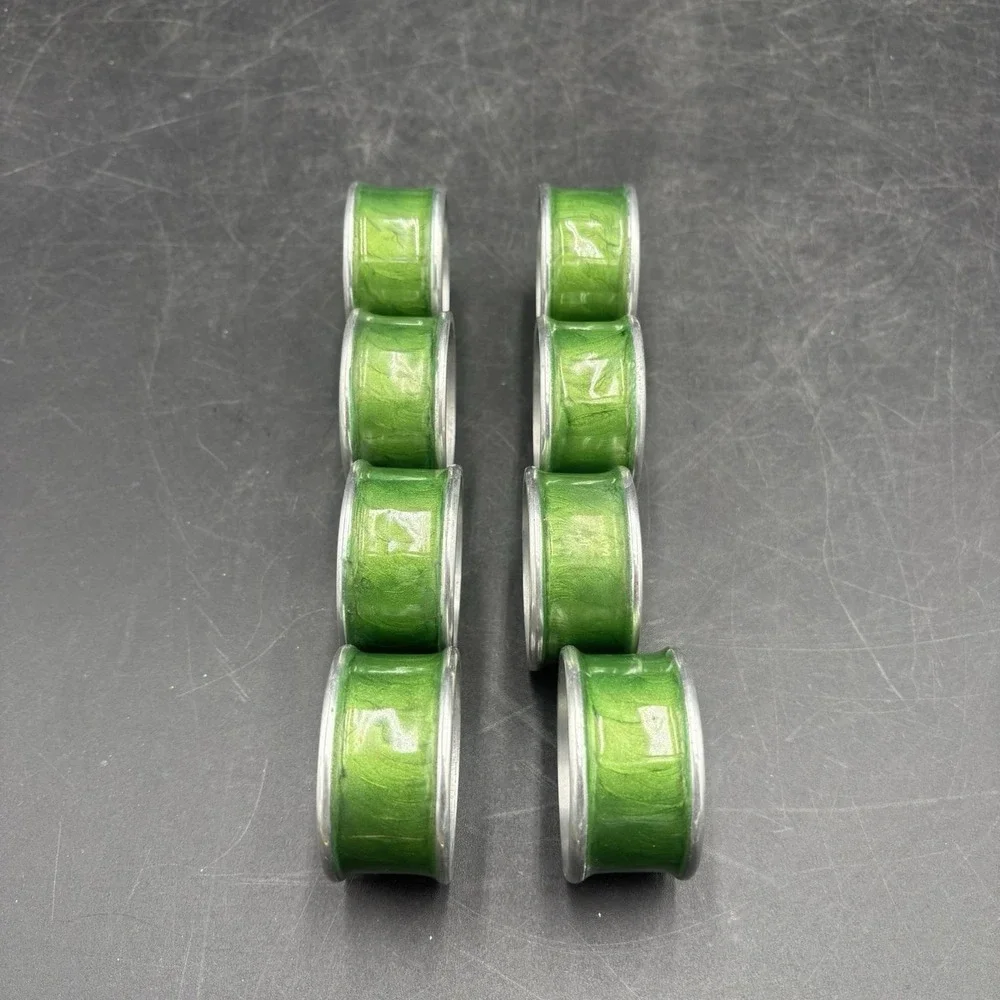 Vtg Set Of 8 Bright Green Enamel Brass Napkin Rings India